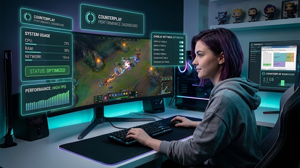 Performance dashboard next to a League of Legends match showing low CPU and RAM usage with high FPS while an optimized overlay is running