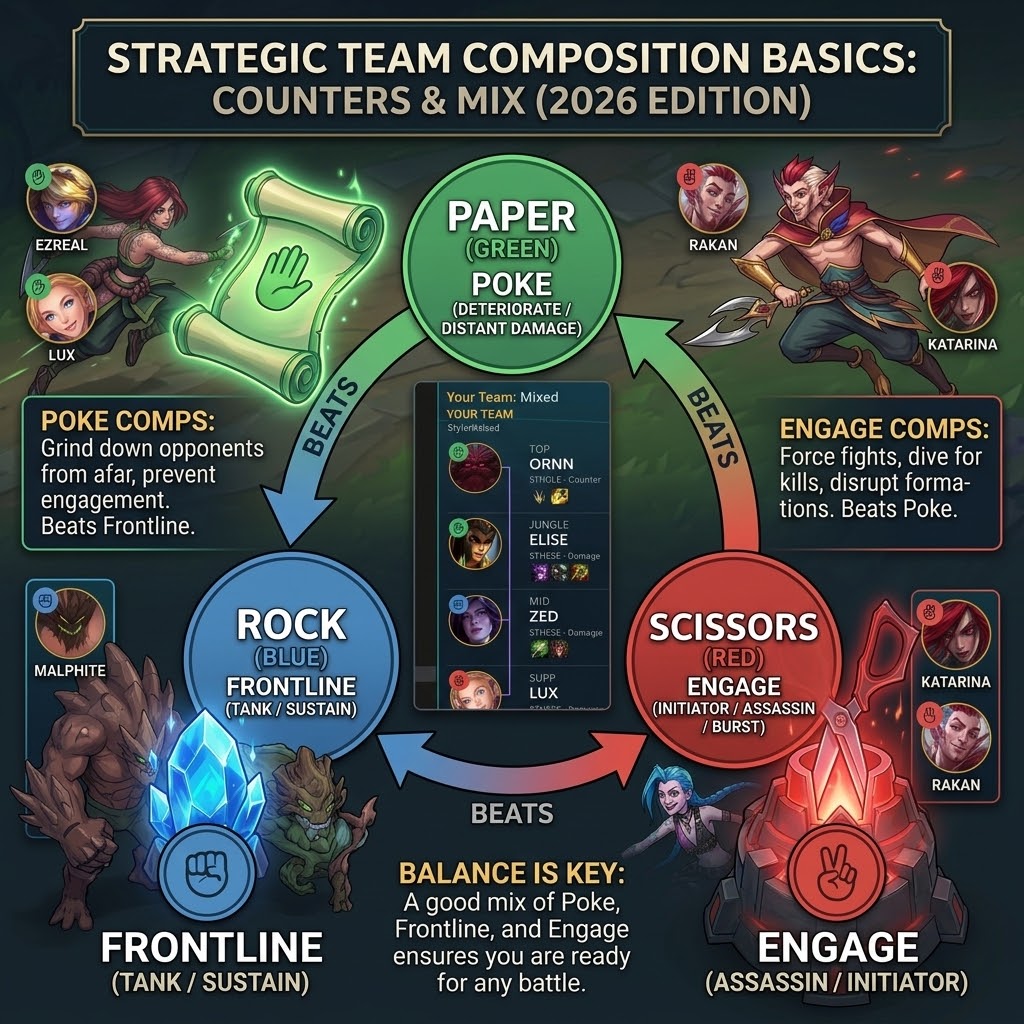 Team composition archetypes as rock-paper-scissors: poke comps beat frontline, frontline beats engage, engage beats poke — with a balanced mix recommended