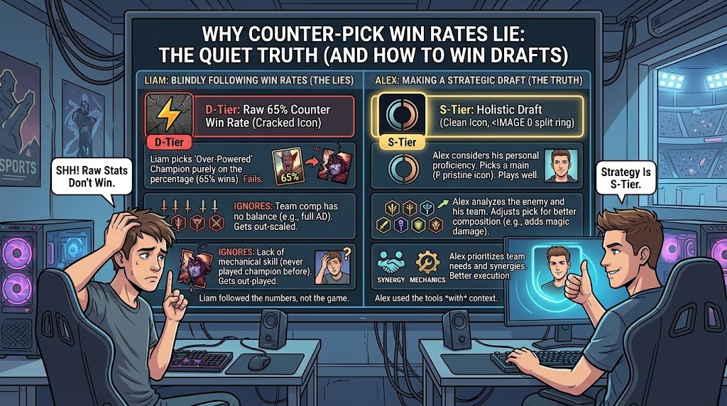 Two players in champion select: one blindly follows a 65% counter win rate and loses, the other considers personal proficiency, team composition and damage mix and wins the draft
