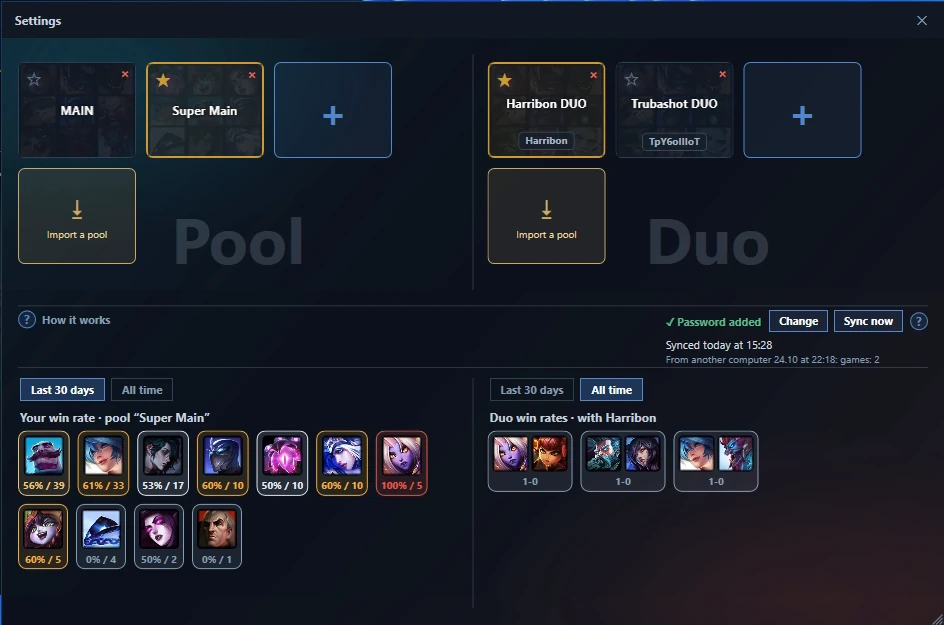 Pool settings with solo pools, duo pools and win rates