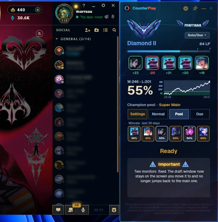 Counterplay sidebar next to the League of Legends client: rank, LP, recent games, win rate graph and champion pool